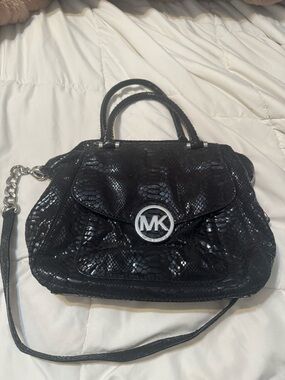 Michael Kors Black Faux-Snakeskin MK Flap Satchel